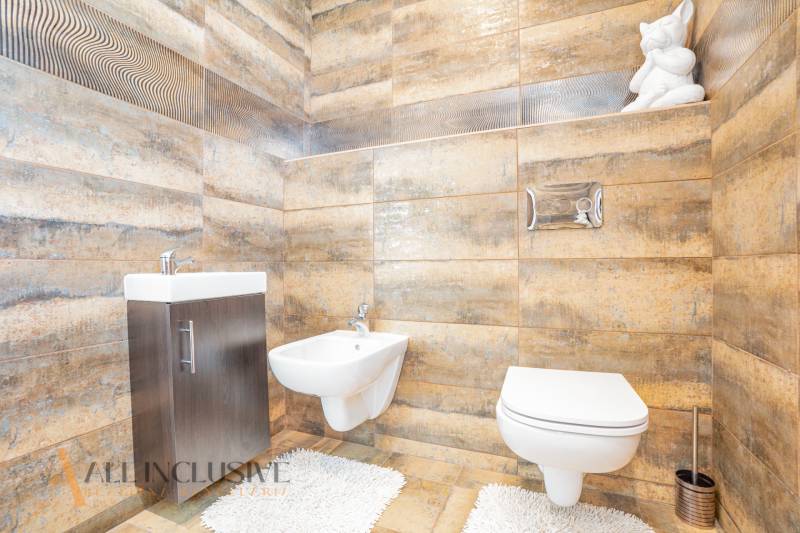 NA PREDAJ NADŠTANDARDNÁ 4-IZB. NOVOSTAVBA, DUN. KLÁTOV - Kúpeľňa v rodinnom dome s umývadlom, toaletou a dekoratívnou soškou na polici.