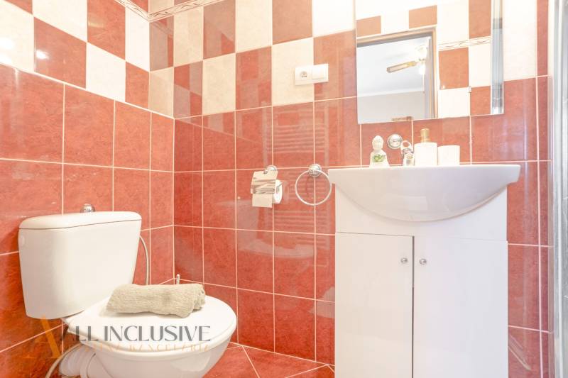 NA PREDAJ PENZIÓN VO VEĽKOM MEDERI – SUNGARDEN - Kúpeľňa v Hoteloch a penziónoch s červenými dlaždicami, umývadlom, toaletou a zrkadlom.