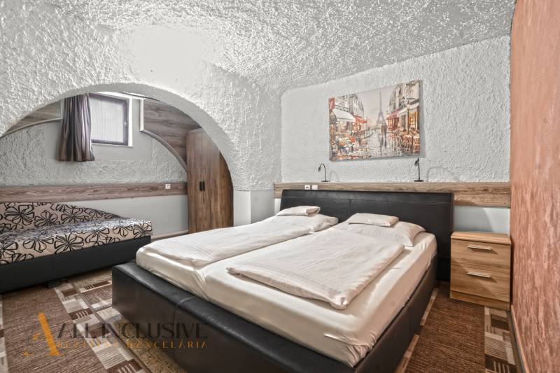 NA PREDAJ APARTMÁNOVÝ DOM VO VEĽKOM MEDERI - Štýlová hotelová izba s oblúkovým stropom, veľkou posteľou a obrazom na stene.