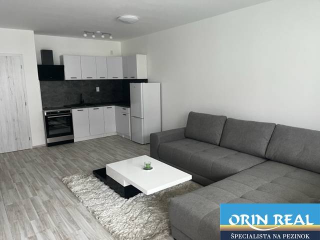 NOVÝ ZARIADENÝ KRÁSNY BYT S TERASOU - Obývačka v 1-izbovom byte na ulici Muškátová, obsahuje kuchyňu, šedú sedačku a biely stolík.