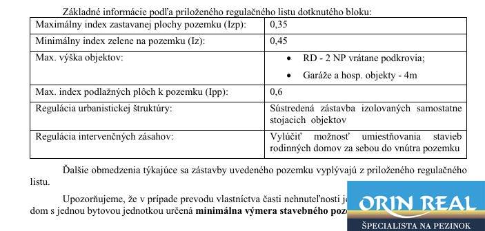 Na predaj stavebný pozemok na RD v Bernolákove 802m2 - Tabuľka s reguláciami pre pozemky - bývanie, vrátane indexov a urbanistickej štruktúry.