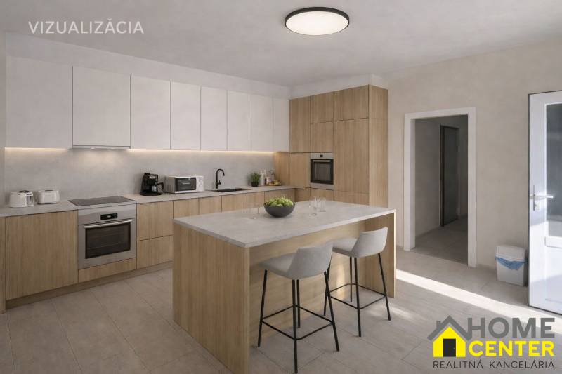 NA PREDAJ 5 izbový rodinný dom s veľkou záhradou v obci Iža - Kuchyňa v rodinnom dome s ostrovčekom a podlahou s dreveným dekorom.