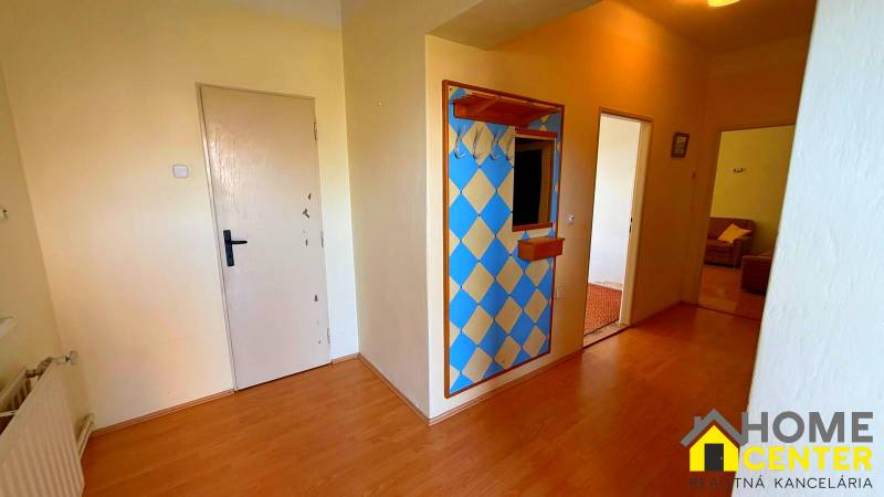 NA PREDAJ 5 izbový rodinný dom s veľkou záhradou v obci Iža - Chodba v rodinnom dome s farebnou stenou a podlahou s dreveným dekorom.