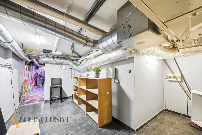 Na predaj 7-izb. RD s obchod. priestorom, Dun. Streda - Priestor v budove s množstvom potrubia, policami a farebnou graffiti stenou.