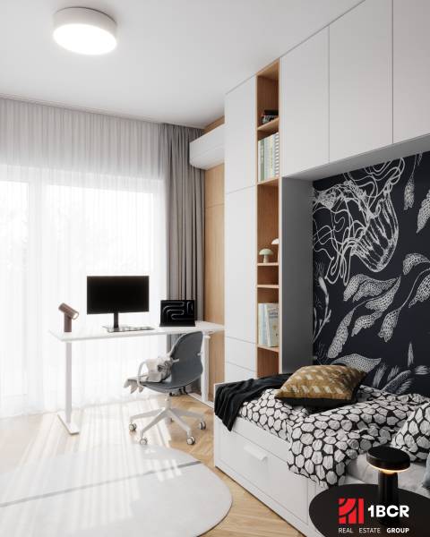 PROJEKT POD VINICOU | 4-IZB. BYT, UZAVRETÝ AREÁL, HOLOBYT, NOVOSTAVBA - Detská izba v 4-izbovom byte s pracovným kútikom a podlahou s dreveným dekorom.