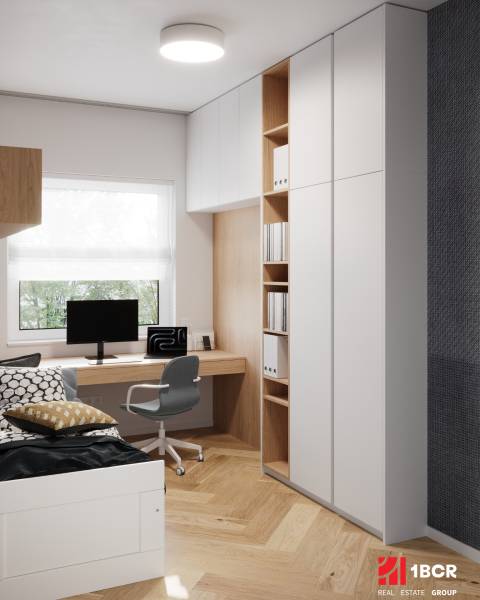 PROJEKT POD VINICOU | 4-IZB. BYT, UZAVRETÝ AREÁL, HOLOBYT, NOVOSTAVBA - Pracovný kút s bielym nábytkom v 4-izbovom byte s podlahou s dreveným dekorom.