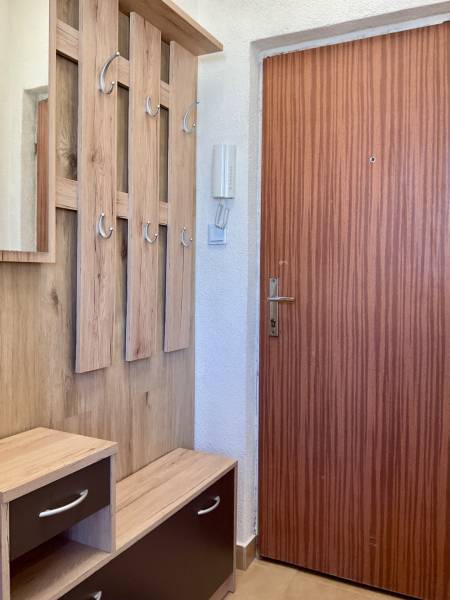 I Predaj Investičného 1-izbového bytu s veľkorysou loggiou  - Vstupná chodba v 1-izbovom byte s vešiakovou stenou a dreveným dekorom.