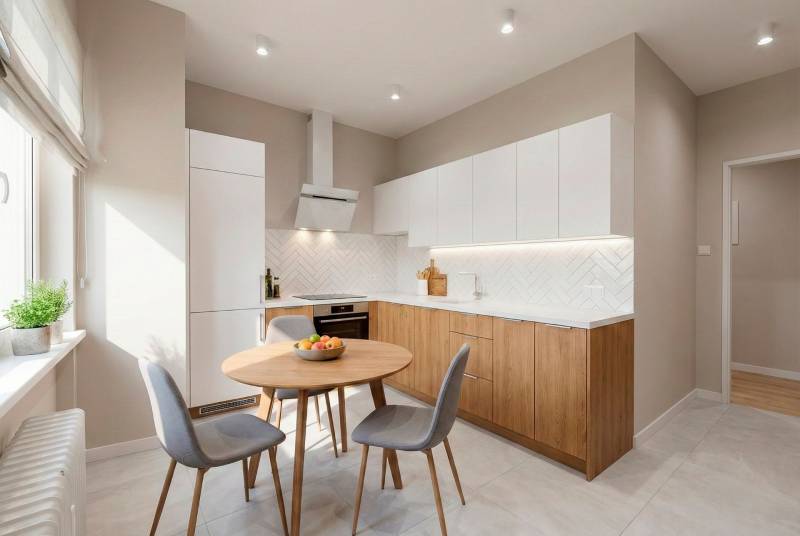 2 IZBOVÝ BYT S LODŽIOU - CENTRUM NA DOSAH - TICHÁ LOKALITA - Kuchyňa v 2-izbovom byte s podlahou s dreveným dekorom a modernými spotrebičmi.