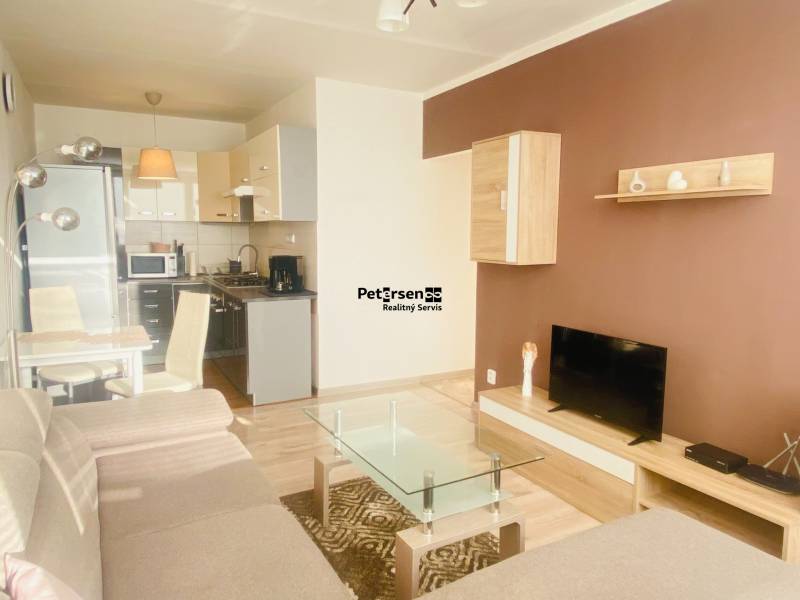 NA PRENÁJOM PEKNÝ 2-IZBOVÝ BYT, TERASA - Obývacia izba v 2-izbovom byte s pohovkou, TV, kuchyňou a podlahou s dreveným dekorom.