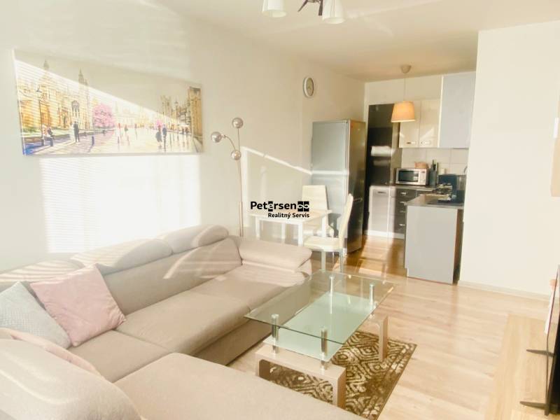 NA PRENÁJOM PEKNÝ 2-IZBOVÝ BYT, TERASA - Obývačka s pohovkou a kuchyňou, 2-izbový byt, podlaha s dreveným dekorom.