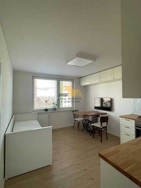 Prenajmem 1 izbový byt na Nábrežnej ulici v Nových Zámkoch - Interiér 1-izbového bytu s podlahou s dreveným dekorom a minimálnym zariadením.