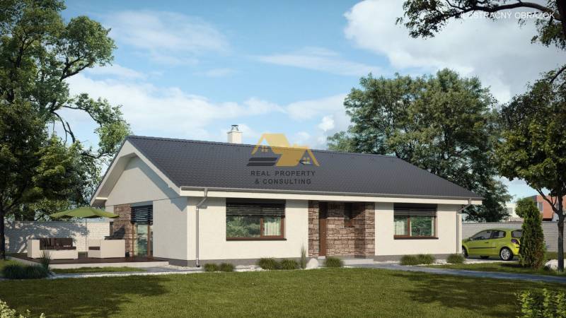 Predám novostavbu rodinného domu s garážou v Nových Zámkoch - Rodinný dom s terasou v Nových Zámkoch, ulica obkolesený stromami, zelené auto.