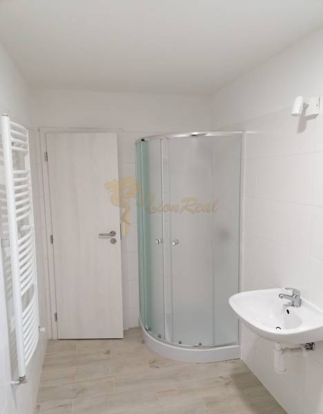 Rodinný dom v obci Bernolákovo, po kompletnej rekonštrukcii - Kúpeľňa s toaletou, sprchovým kútom a podlahou s dreveným dekorom v rodinnom dome.