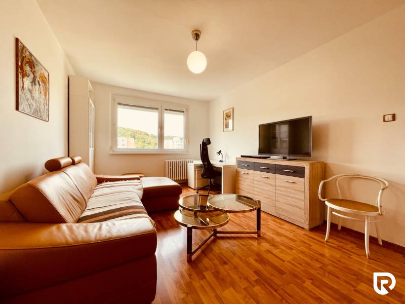 EXKLUZÍVNE! | Krásny 2-izbový byt | 52m² | Považanova - Obývacia izba v 2-izbovom byte s podlahou s dreveným dekorom, sedačka a nábytok.