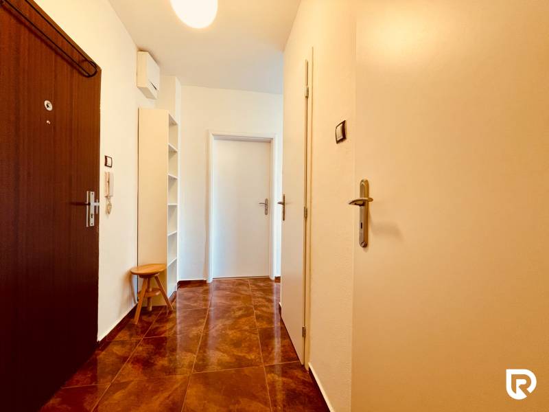 EXKLUZÍVNE! | Krásny 2-izbový byt | 52m² | Považanova - Vstupná chodba v 2-izbovom byte s tmavou podlahou a bielymi dverami.