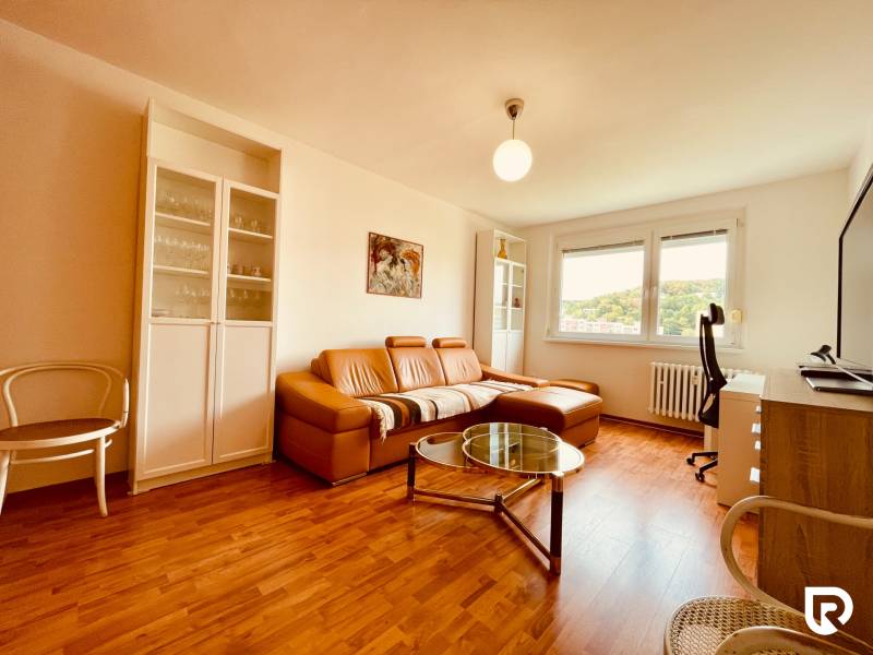 EXKLUZÍVNE! | Krásny 2-izbový byt | 52m² | Považanova - Obývačka v 2-izbovom byte s pohovkou, kreslami a podlahou s dreveným dekorom.