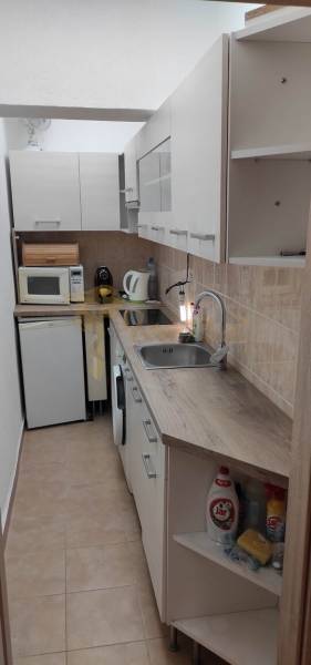 1-izb. byt, Krížná ul., Staré Mesto s veľkou lodžiou - Úzka kuchyňa v 1-izbovom byte s linkou, spotrebičmi a úložnými skrinkami.