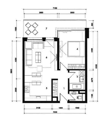 I PRENÁJOM - Nový moderný 2-izb. byt, TEHELNÉ POLE, Bajkalská - Pôdorys 2-izbového bytu na ulici Bajkalská: kuchyňa, obývacia izba, spálňa, kúpeľňa.