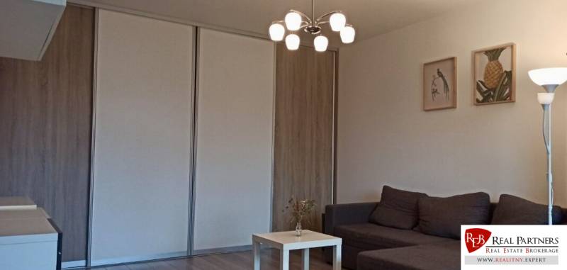 Prenájom 2-izbový byt na začiatku Petržalky - Obývacia izba s pohovkou, stolíkom a podlahou s dreveným dekorom v 2-izbovom byte.