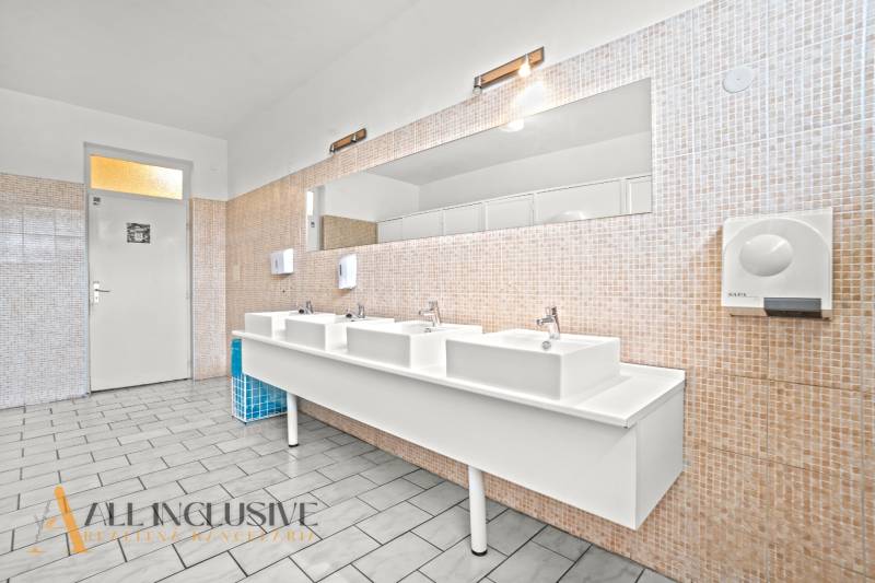 NA PREDAJ ŠKOLSKÁ BUDOVA NA VEĽKOM POZEMKU, MOSTOVÁ - Umývadlá v interiéri budovy s dlaždicovými stenami a veľkým zrkadlom.