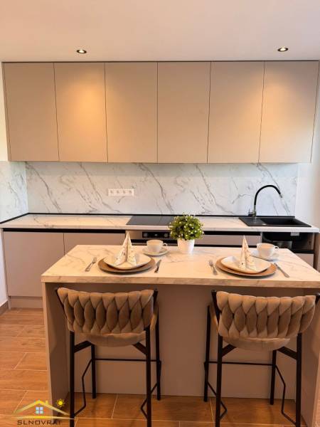 Prenájom: 2 izbový byt v obci Staškov (316-B) - Kuchyňa s barovým pultom, podlahou s dreveným dekorom a svetlým nábytkom v 2-izbovom byte.