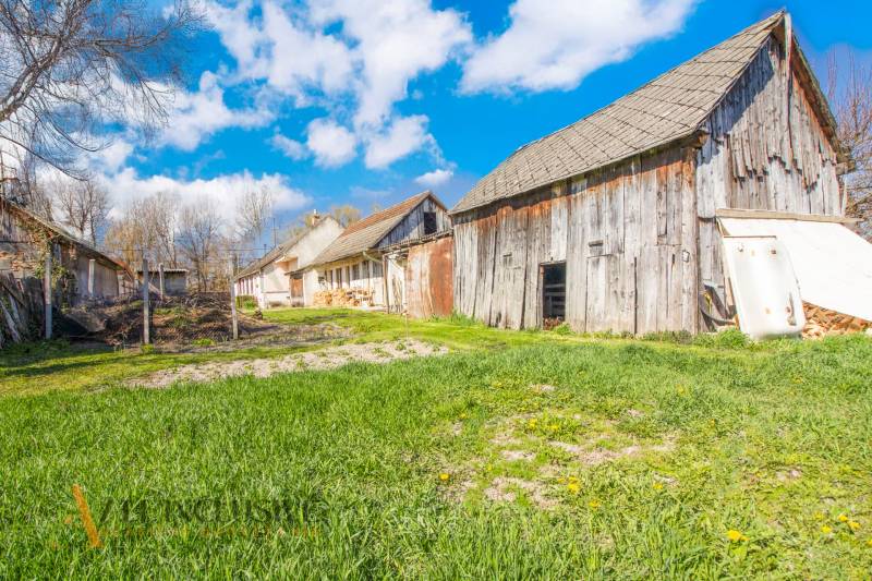 NA PREDAJ 4-IZBOVÝ RODINNÝ DOM NA PRIESTRANNOM POZEMKU - Staré budovy a trávnatá plocha v dedine, stromy, Rodinný dom, modrá obloha.