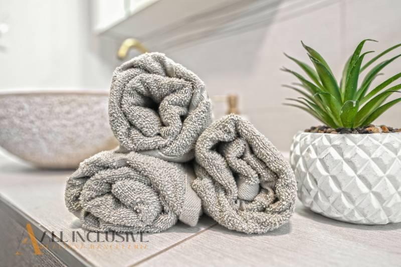 REZERVOVANÉ 3-IZBOVÝ RODINNÝ DOM V OBCI BALOŇ - Zrolované uteráky a zelená rastlina v interiéri rodinného domu.