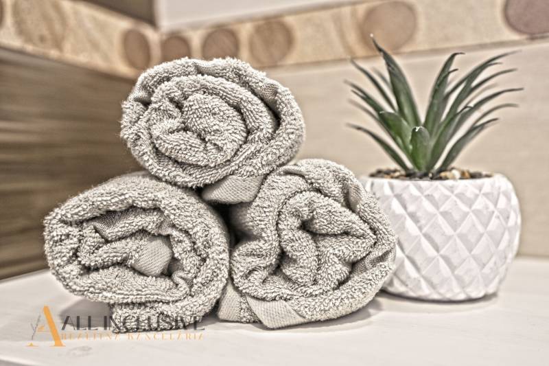 REZERVOVANÉ ZREKONŠTR. 6 IZBOVÝ RODINNÝ DOM, KOŠÚTY - Stočené uteráky pri kvetináči v kúpeľni rodinného domu.