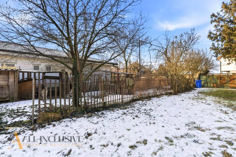 Na predaj 4-izbový rodinný dom, Dolné Saliby - Zasnežená záhrada rodinného domu v Dolných Salibách s plotom a stromami.