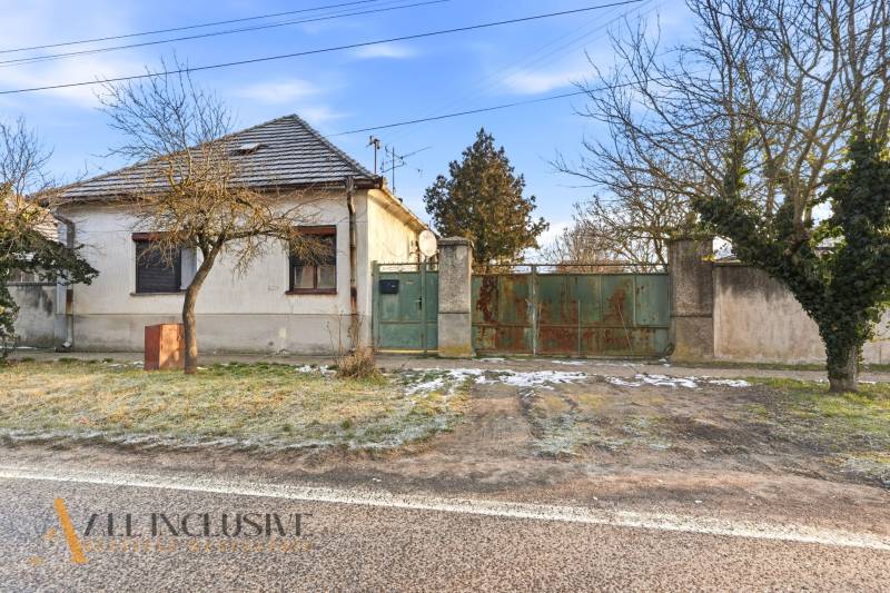 Na predaj 4-izbový rodinný dom, Dolné Saliby - Rodinný dom v Dolných Salibách s veľkou bránou a stromami pred domom.