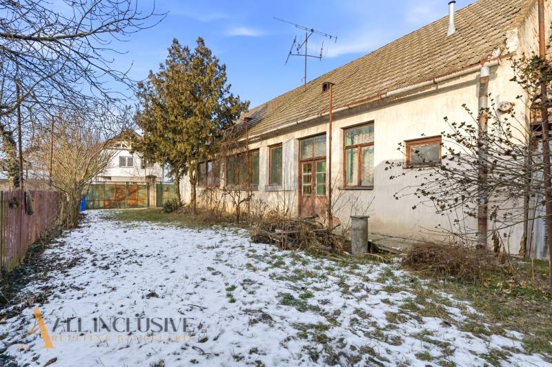 Na predaj 4-izbový rodinný dom, Dolné Saliby - Zasnežený dvor vedľa rodinného domu v Dolných Salibách so stromami a bránou.
