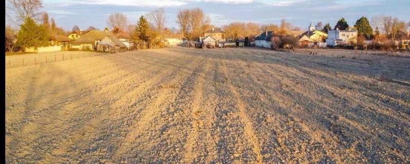 Na predaj 5-izb. rodinný dom na 50-á pozemku, Sap - Pohľad na pole pri rodinných domoch v Sap, obklopené stromami a modrou oblohou.