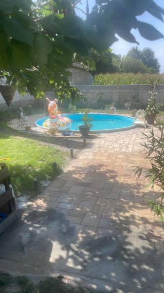 Na predaj 5-izb. rodinný dom na 50-á pozemku, Sap - Rodinný dom v Sape so záhradou a bazénom, obklopený rastlinami a detským nafukovacím kruhom.