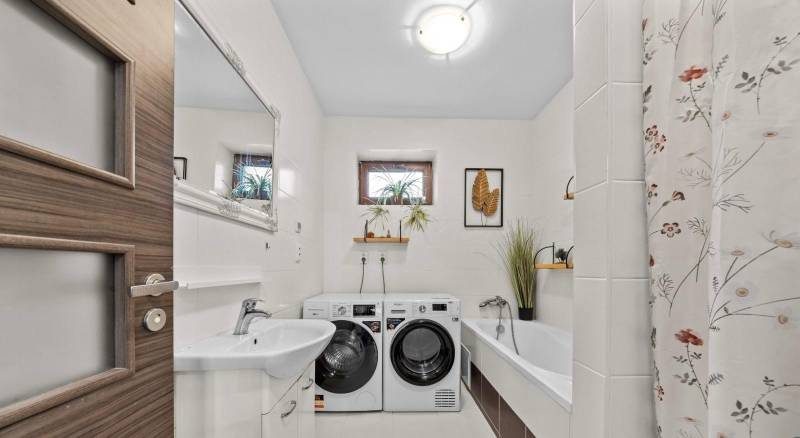 Na predaj 5-izb. rodinný dom na 50-á pozemku, Sap - Kúpeľňa v rodinnom dome s vaňou, práčkou a sušičkou, dekorovaná rastlinami.