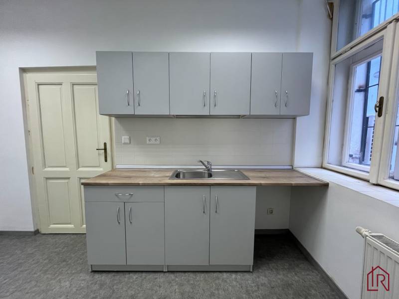 Reprezentatívne priestory na prenájom, Mlynská, Košice - Staré mesto - Kuchynská linka so šedými skrinkami a drezom v Kancelárii.