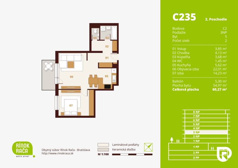 Posledný investičný krásny 2-izbový byt | 62 m² | RÍNOK RAČA - Pôdorys 2-izbového bytu s podlahou s dreveným dekorom a balkónom.