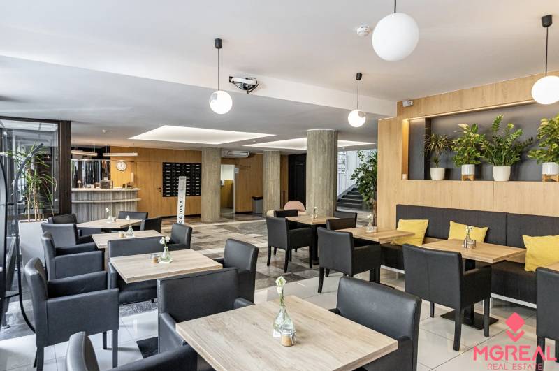 Dvojkancelária 61m2, Gajova ul., Staré Mesto - Kancelárie s podlahou s dreveným dekorom, stolmi, čiernymi stoličkami a rastlinami v Bratislave.