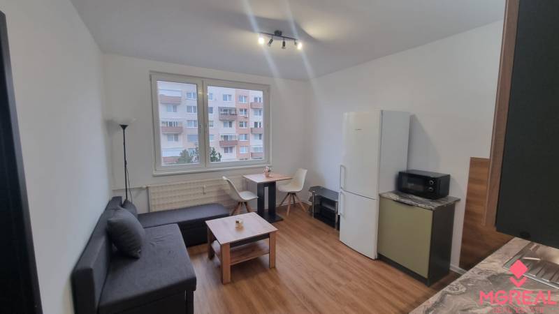 Prenájom 1- izbový byt  - Obývacia izba 1-izbového bytu s pohovkou, stolom a podlahou s dreveným dekorom.