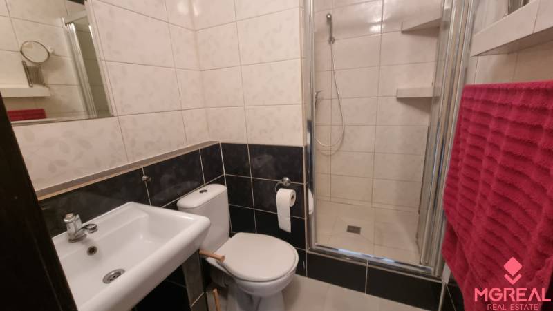 Prenájom 1- izbový byt  - Kúpeľňa so sprchovým kútom a toaletou v 1-izbovom byte, ladená v tmavých tónoch.