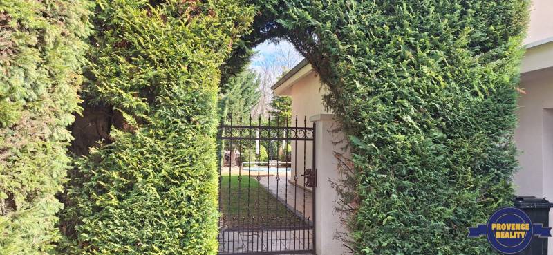 Luxusný rodinný dom s bazénom a dvojgarážou v Komárne - Živý plot s bránkou v rodinnom dome v Komárne, vedie do záhrady.