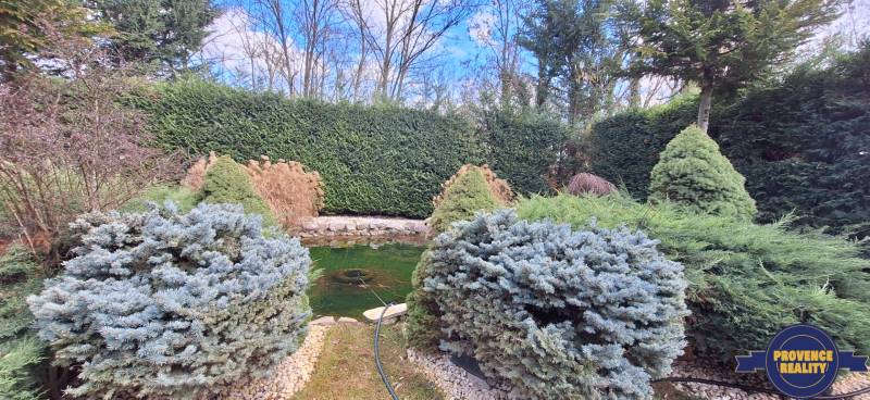 Luxusný rodinný dom s bazénom a dvojgarážou v Komárne - Rodinný dom v Komárne s jazierkom a okrasnými kríkmi v záhrade.