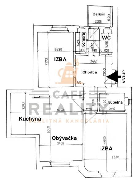 REZERVOVANÉ Na prenájom 3 izbový byt, 73 m2, Bratislava, Zochova - Pôdorys 3-izbového bytu s označením miestností: kuchyňa, obývačka, izby, balkón, kúpeľňa, WC.