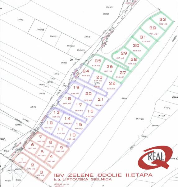 *RODINNÝ DOM V CENE BYTU**12km od LIPTOVSKÉHO MIKULÁŠA** - Plán pozemkov na bývanie v Liptovskej Sielnici s rozmermi pozemkov.