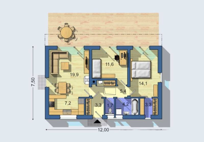 *RODINNÝ DOM V CENE BYTU**12km od LIPTOVSKÉHO MIKULÁŠA** - Pôdorys Pozemky - bývanie s podlahou s dreveným dekorom a terasou na relaxáciu.