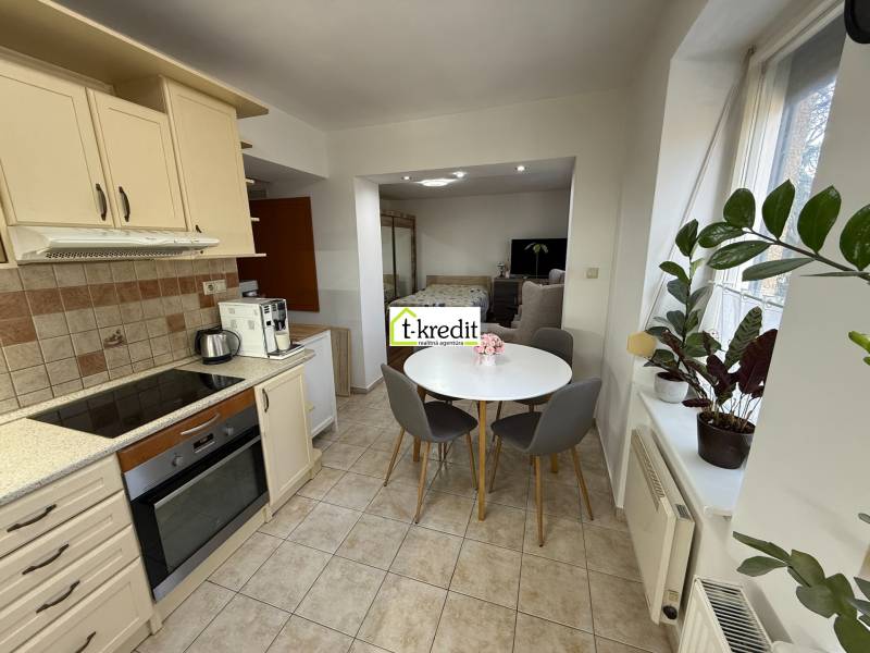 PREDAJ - 2i BYT - ZLATÉ MORAVCE - Kuchyňa v 2-izbovom byte s okrúhlym stolom, rastlinami a spotrebičmi.