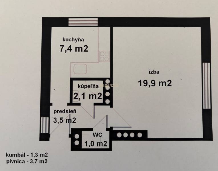 -PREDAJ - 1 IZBOVÝ BYT 40m2- TRENČIANSKA - RUŽINOV - Pôdorys 1-izbového bytu s kuchyňou, kúpeľňou, WC a predsieňou.