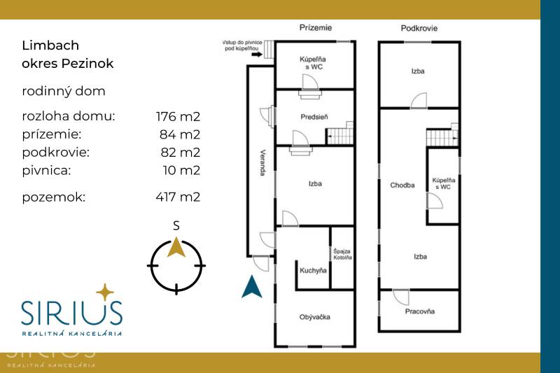 LIMBACH, 176 m2 –  kompletne zrekonštruovaný 5-i rodinný dom - Pôdorys rodinného domu na ulici Limbach, poschodia, miestnosti a rozlohy pozemkov.