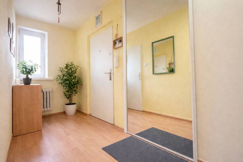 REZERVONY - 2 izbový tehlový byt na Novej Dubnici, 60  - Svetlá predsieň s podlahou s dreveným dekorom, zrkadlom a izbovými rastlinami v 2-izbovom byte.