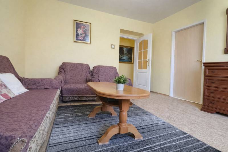 REZERVONY - 2 izbový tehlový byt na Novej Dubnici, 60  - Obývačka s pohovkou, kreslom, kobercom a stolíkom v 2-izbovom byte, podlaha s dreveným dekorom.