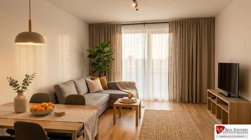 - PRENÁJOM 2-IZ. BYTU S PARKOVACÍM MIESTOM – MILOSLAVOV - Obývačka v 2-izbovom byte s podlahou s dreveným dekorom.